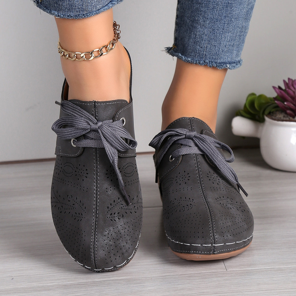 Lace-Up Round Toe Wedge Sandals