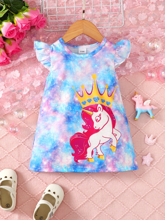 Unicorn Graphic Round Neck Ruffled Dress