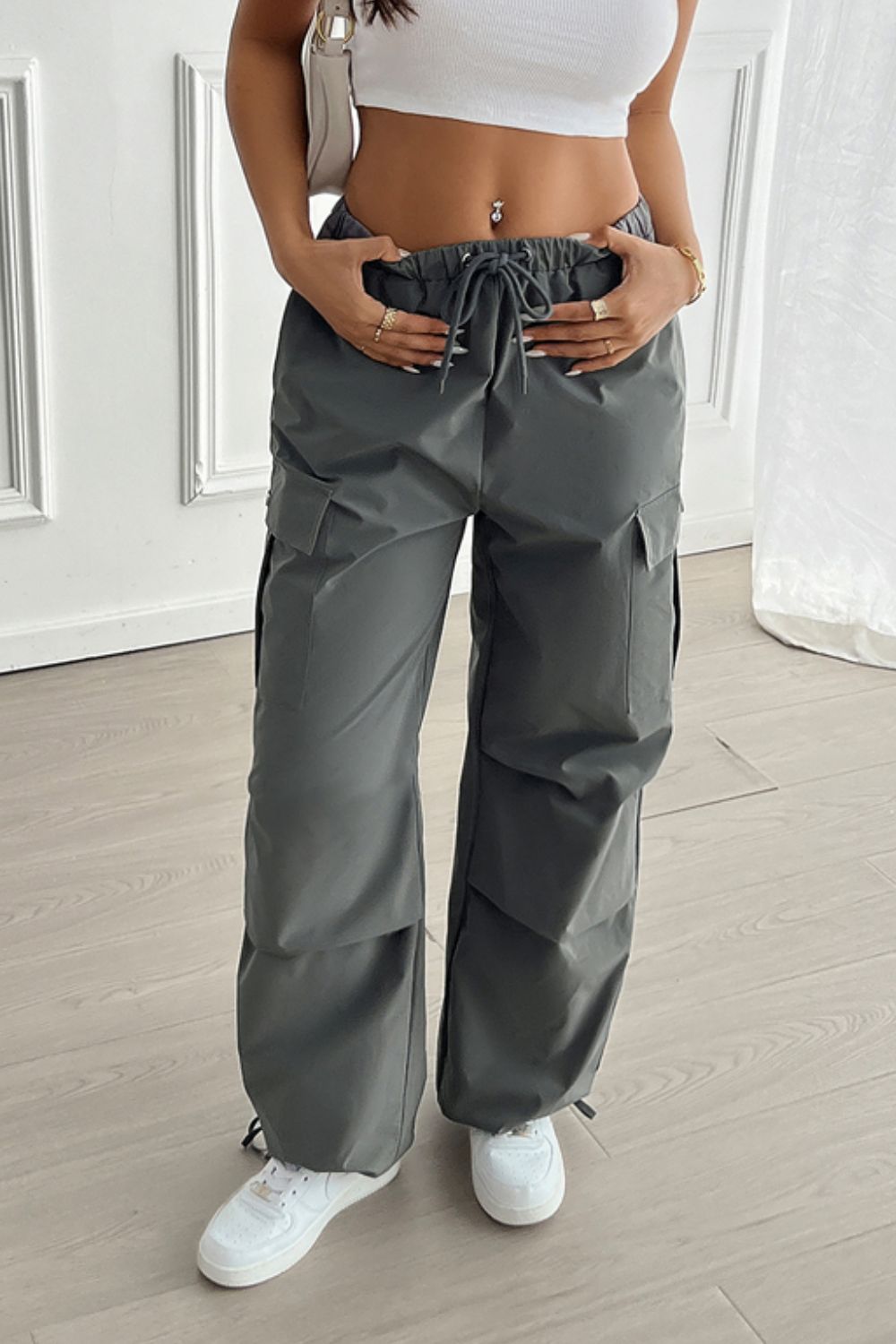 Devine Drawstring Wide Leg Pants with Cargo Pockets