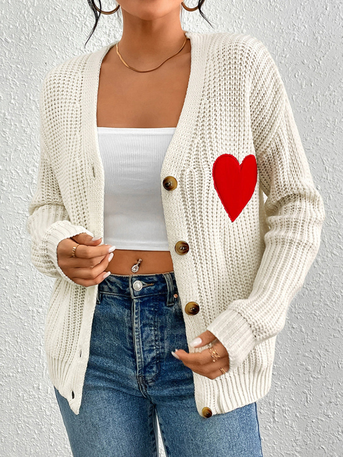 Heart Button Up Dropped Shoulder Cardigan