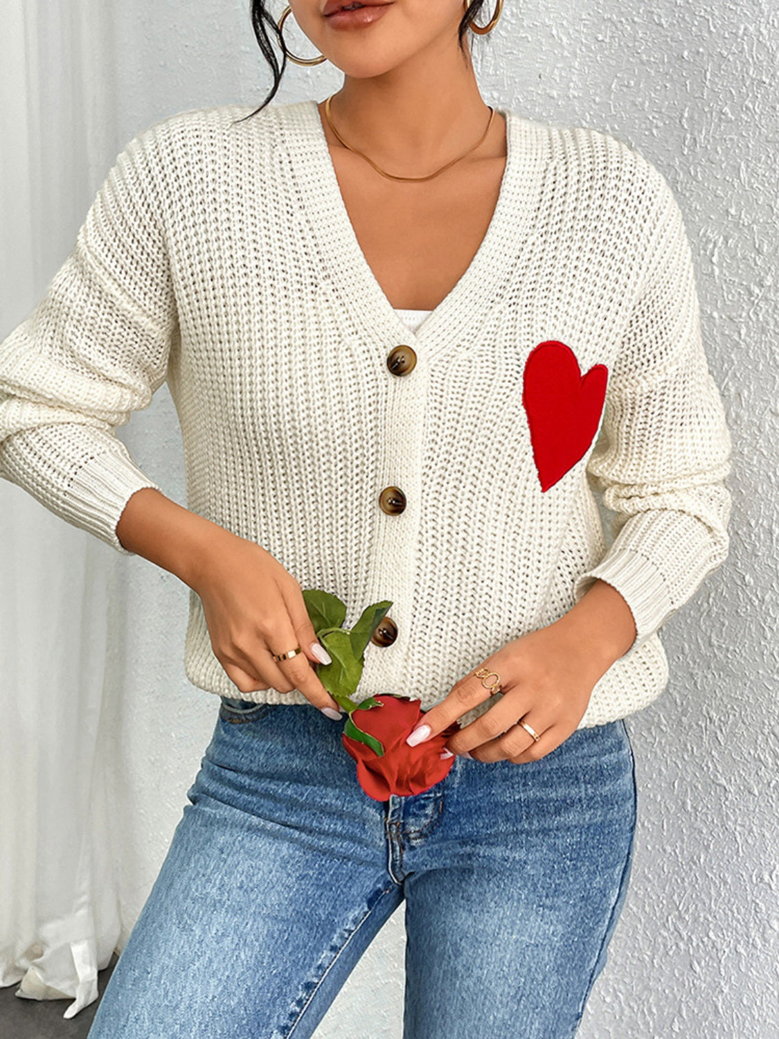 Heart Button Up Dropped Shoulder Cardigan