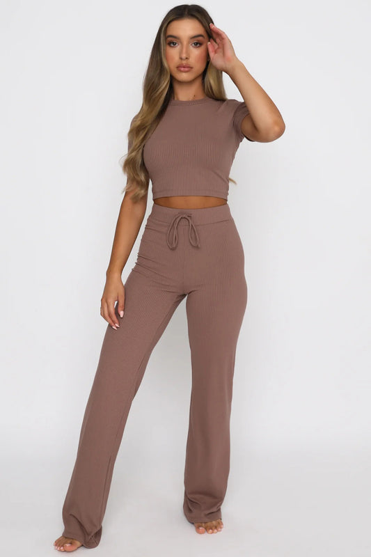 Round Neck Short Sleeve Top and Pants Set