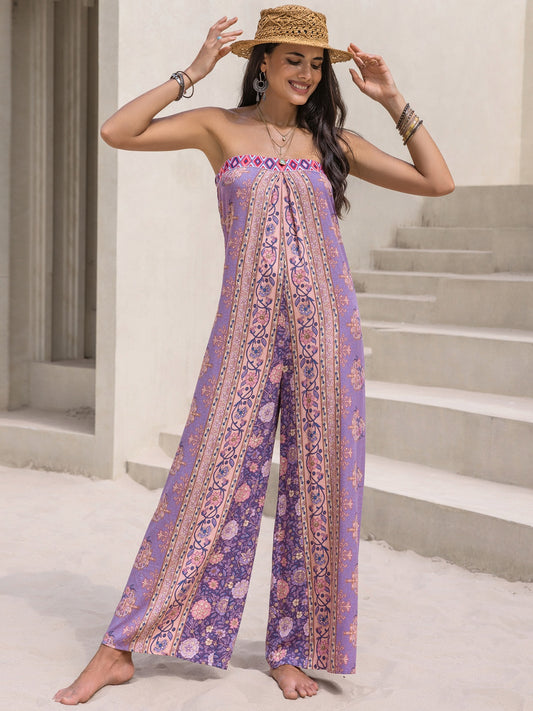 Tied Printed Tube Wide Leg Jumpsuit