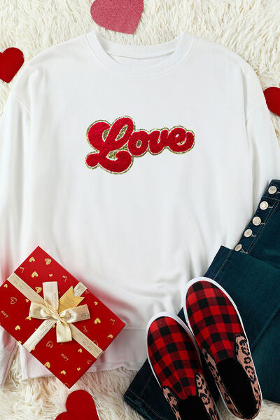 LOVE Embroidered Round Neck Dropped Shoulder Sweatshirt