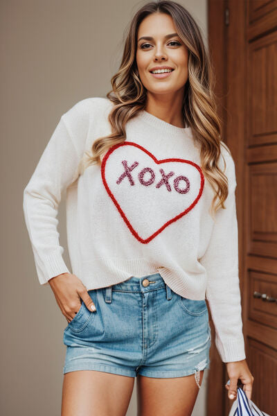 XOXO Heart Round Neck Dropped Shoulder Sweater