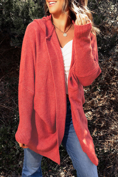 Open Front Ribbed Trim Hooded Cardigan